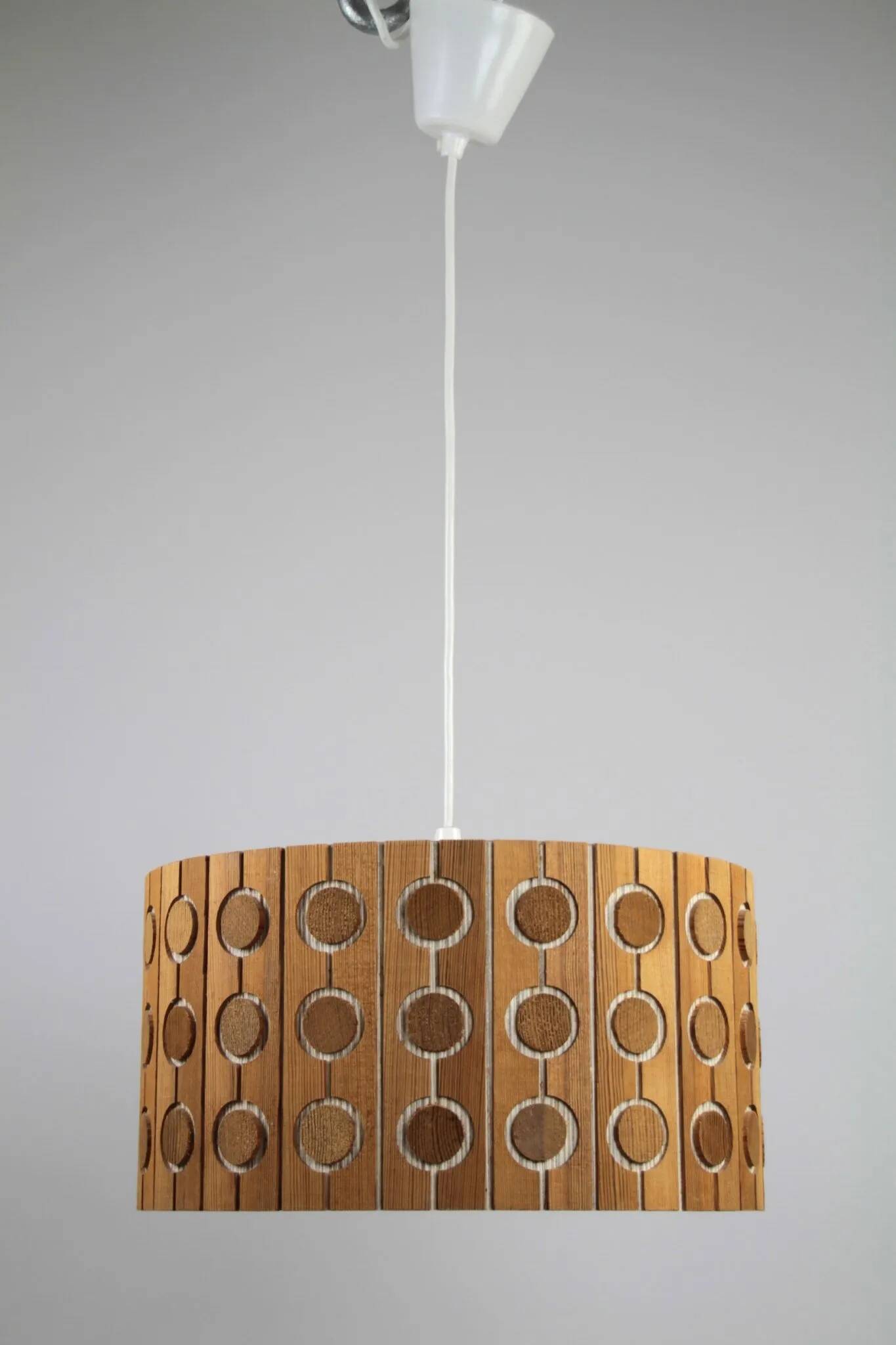 Pine Pendant Lamp – Cylindrical with Circle Pattern, Scandinavia – 1960s/1970s
