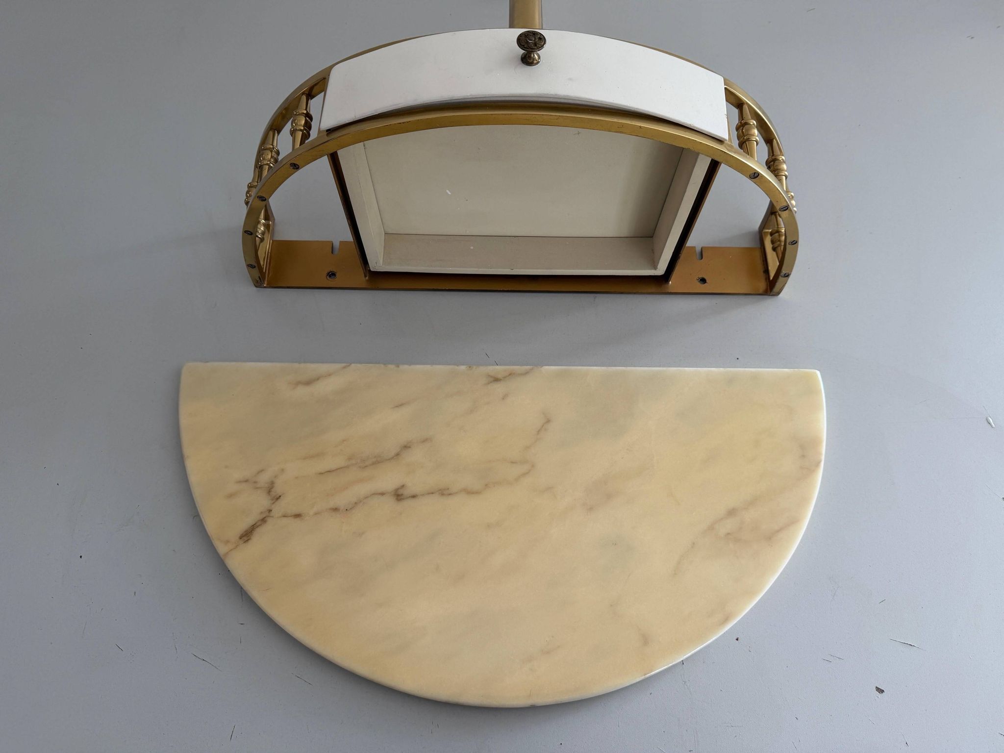 Floating wall console with drawer, brass body and marble top, 1960s, Italy