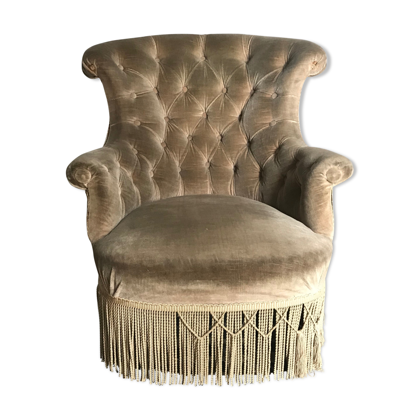 Fauteuil crapaud vert kaki capitonné
