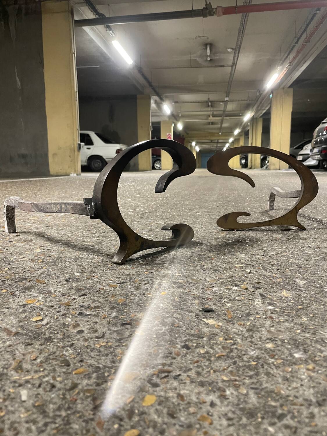 1970s steel and brass andirons