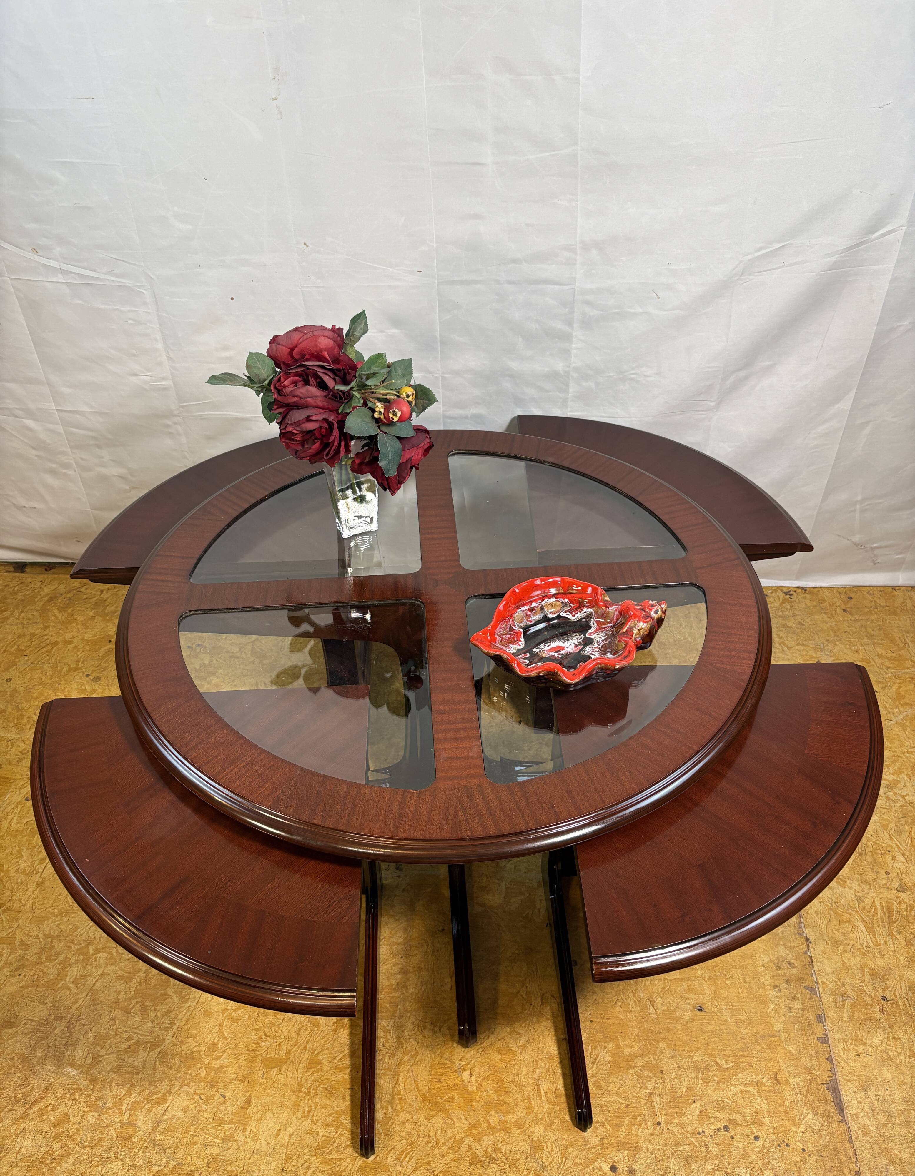 Vintage G-Plan Round Coffee Table & 4 Nested Stools | 1970s | Mahogany & Gl