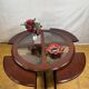 Vintage G-Plan Round Coffee Table & 4 Nested Stools | 1970s | Mahogany & Gl