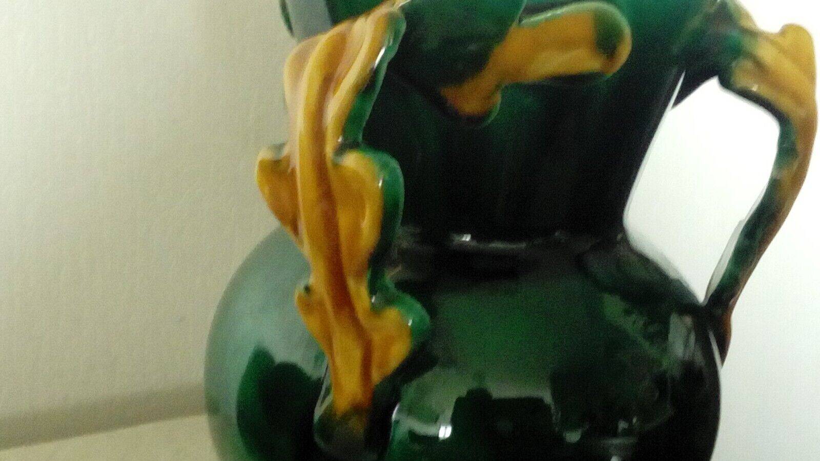Earthenware vase with 3 handles of Vallauris oak leaves, 1950s vintage