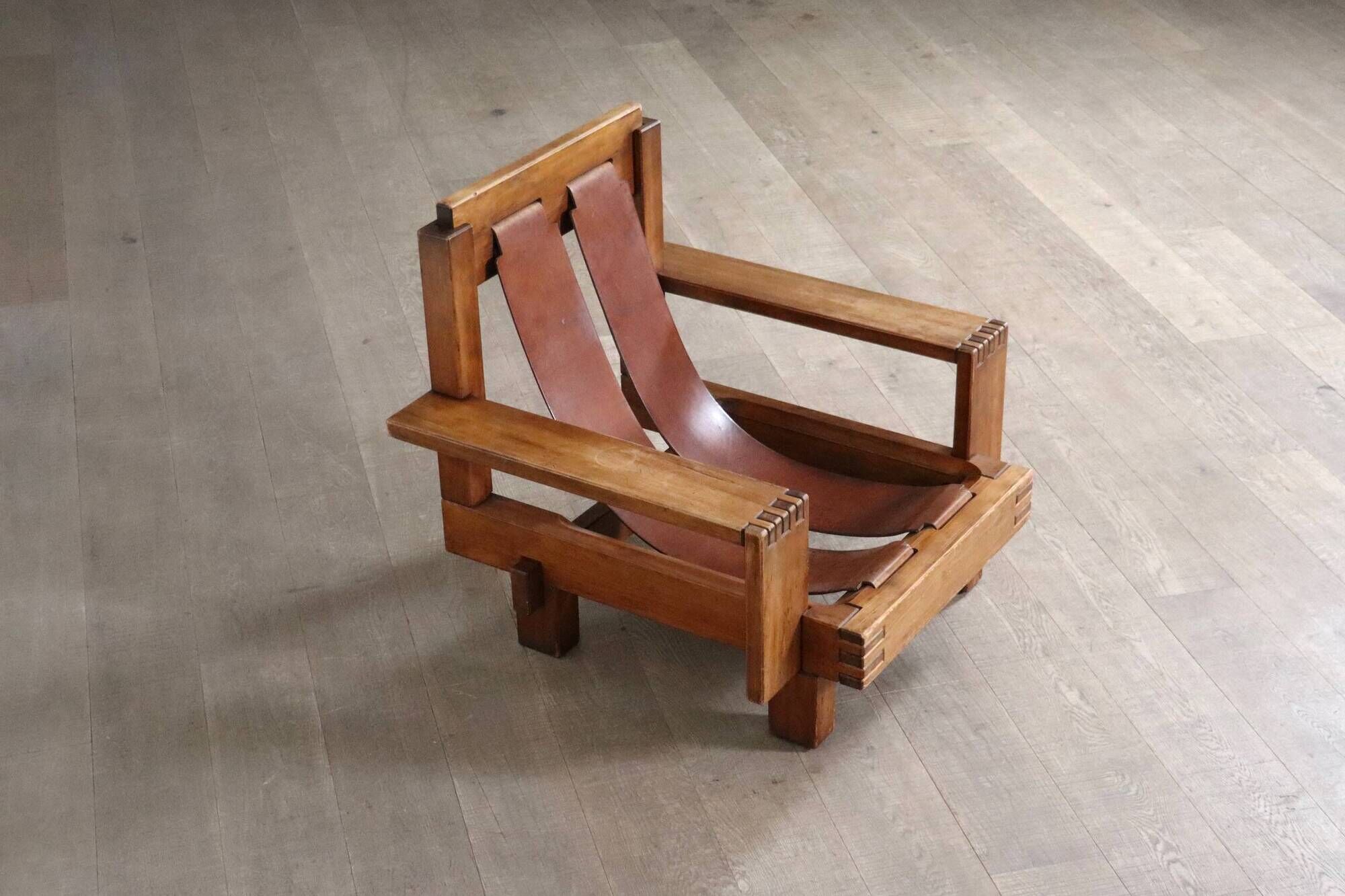 Midcentury Modern Brutalist Lounge Chair In Oak And Leather, Italy 1970s