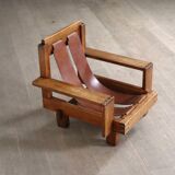 Midcentury Modern Brutalist Lounge Chair In Oak And Leather, Italy 1970s