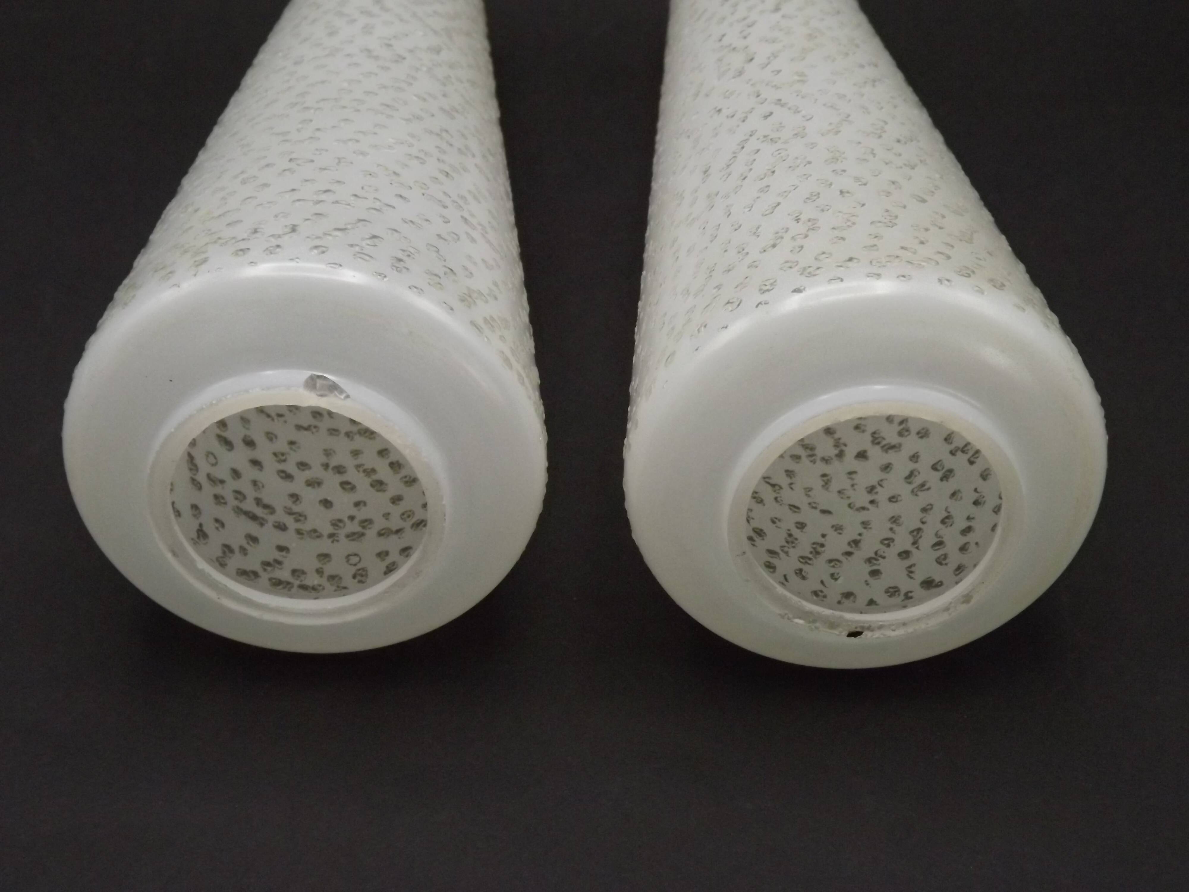 Pair of French vintage retro white opaque patterned glass replacement shades.