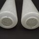 Pair of French vintage retro white opaque patterned glass replacement shades.