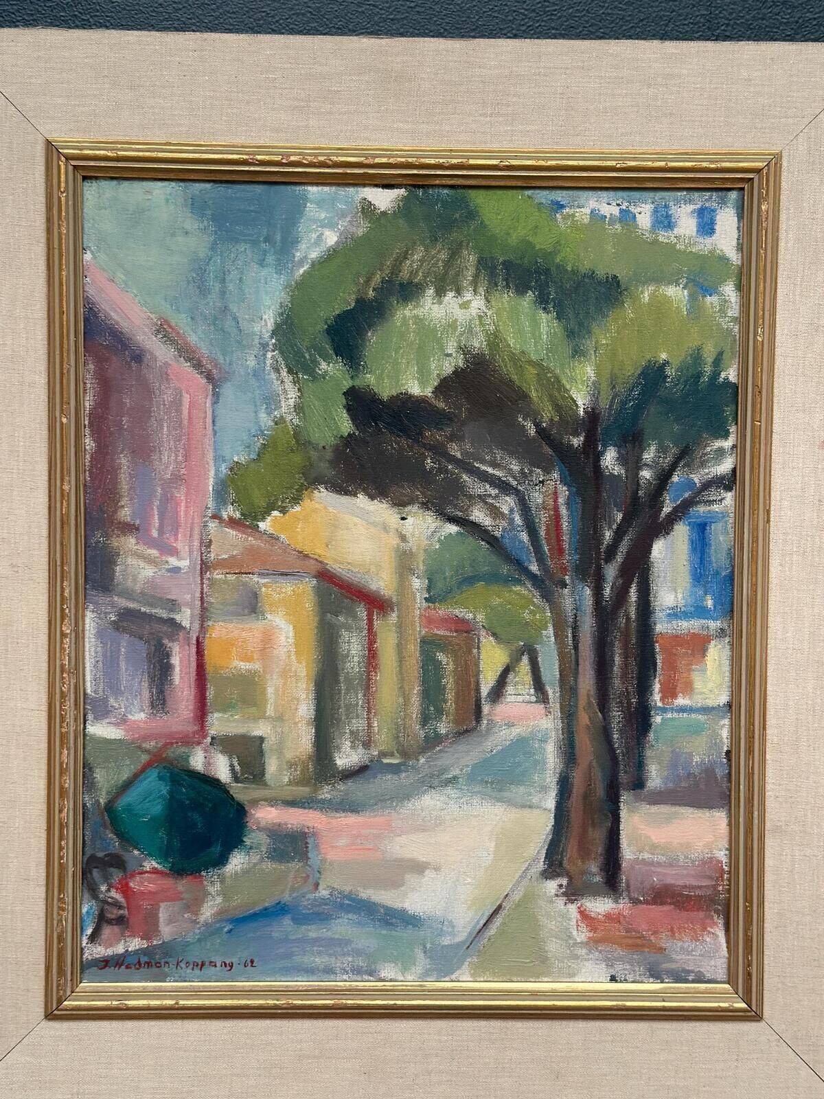 Huile sur toile originale suédoise – « Rue urbaine » par Ingrid Hedman Koppang