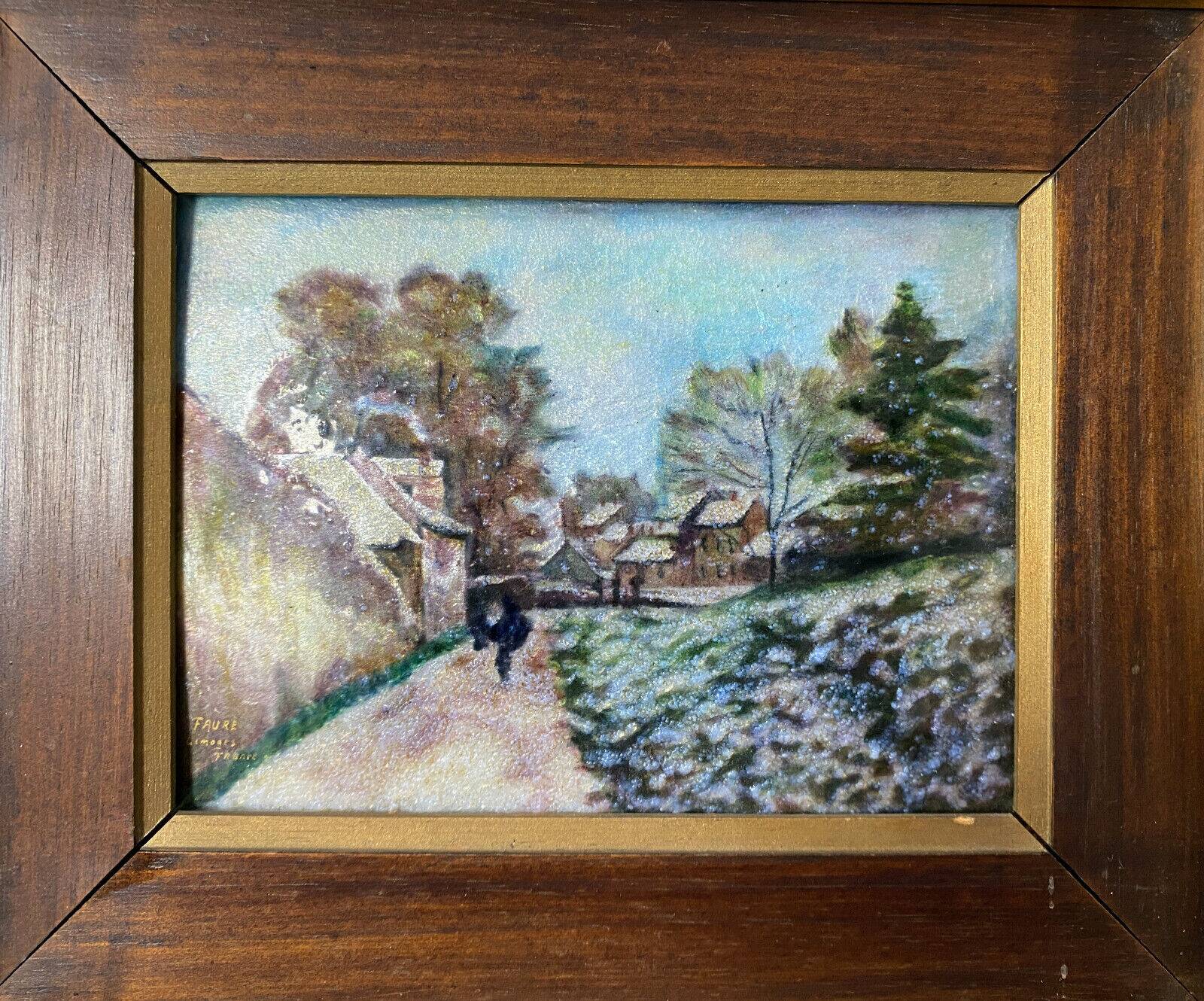 Camille Fauré Limoges painting "Village in winter" enamel painting