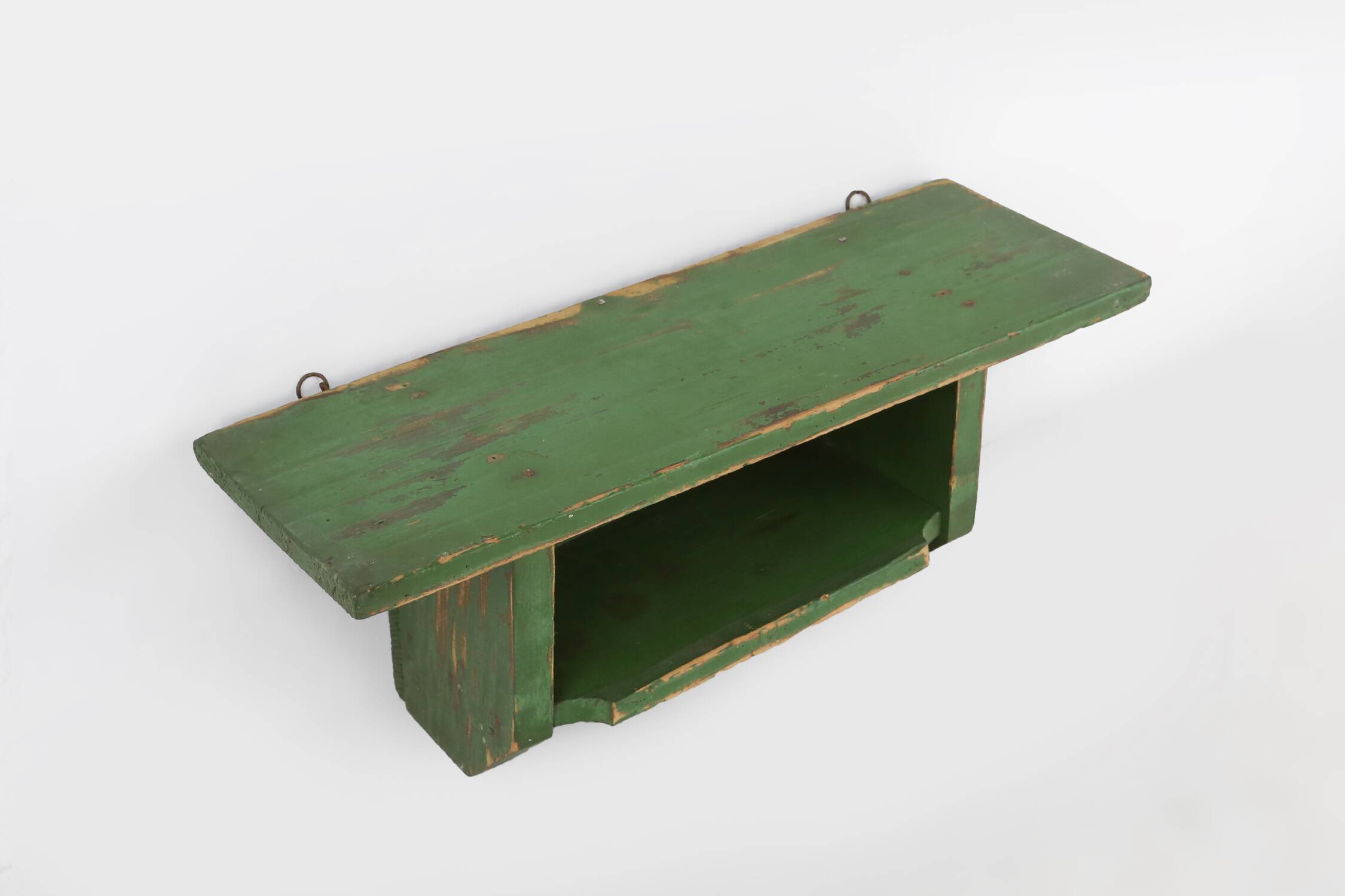 Rustic small green wooden wall unit with 2 shelfs, France ca. 1880