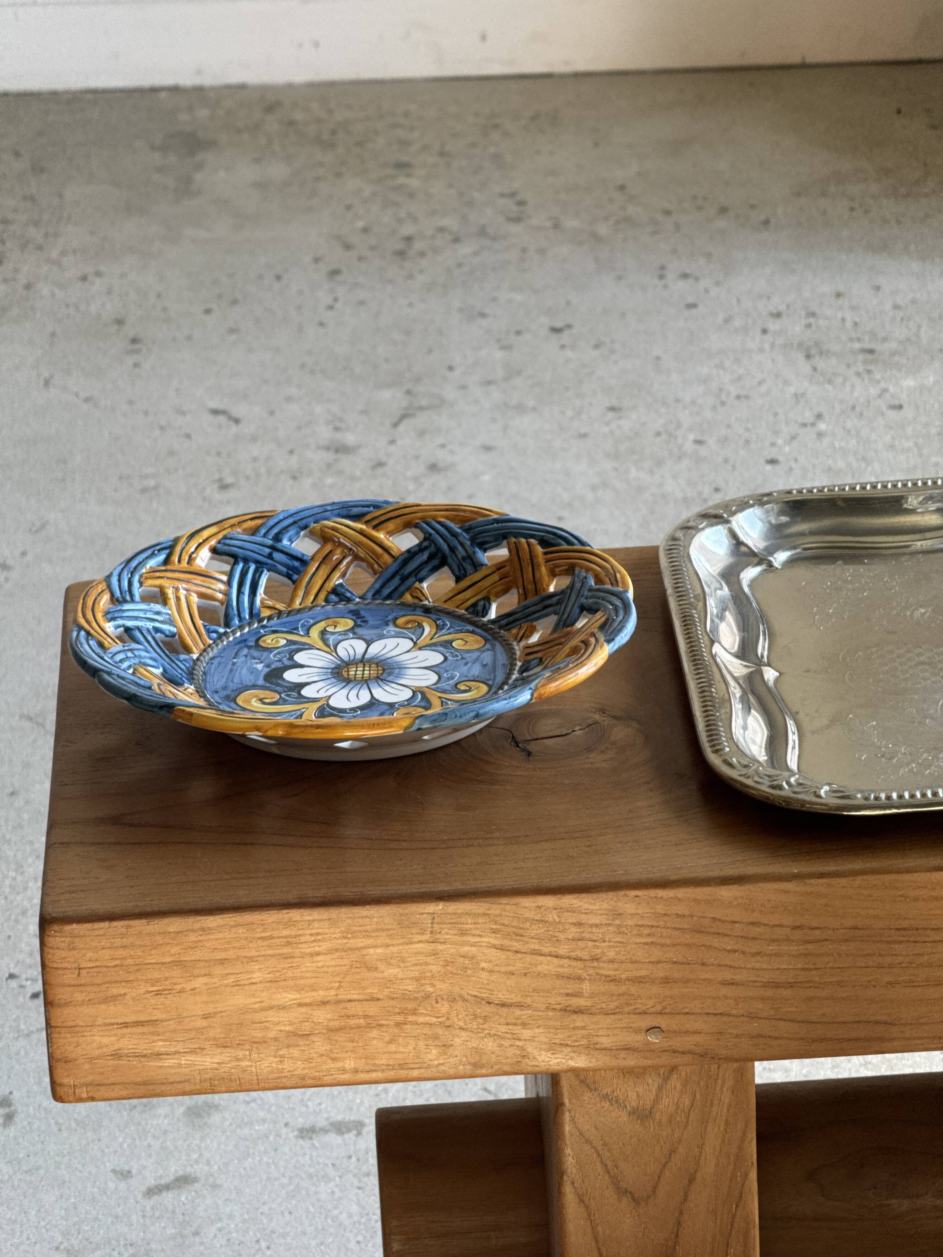 Glazed ceramic fruit bowl by Brancaleone, Italy, with floral decoration.
