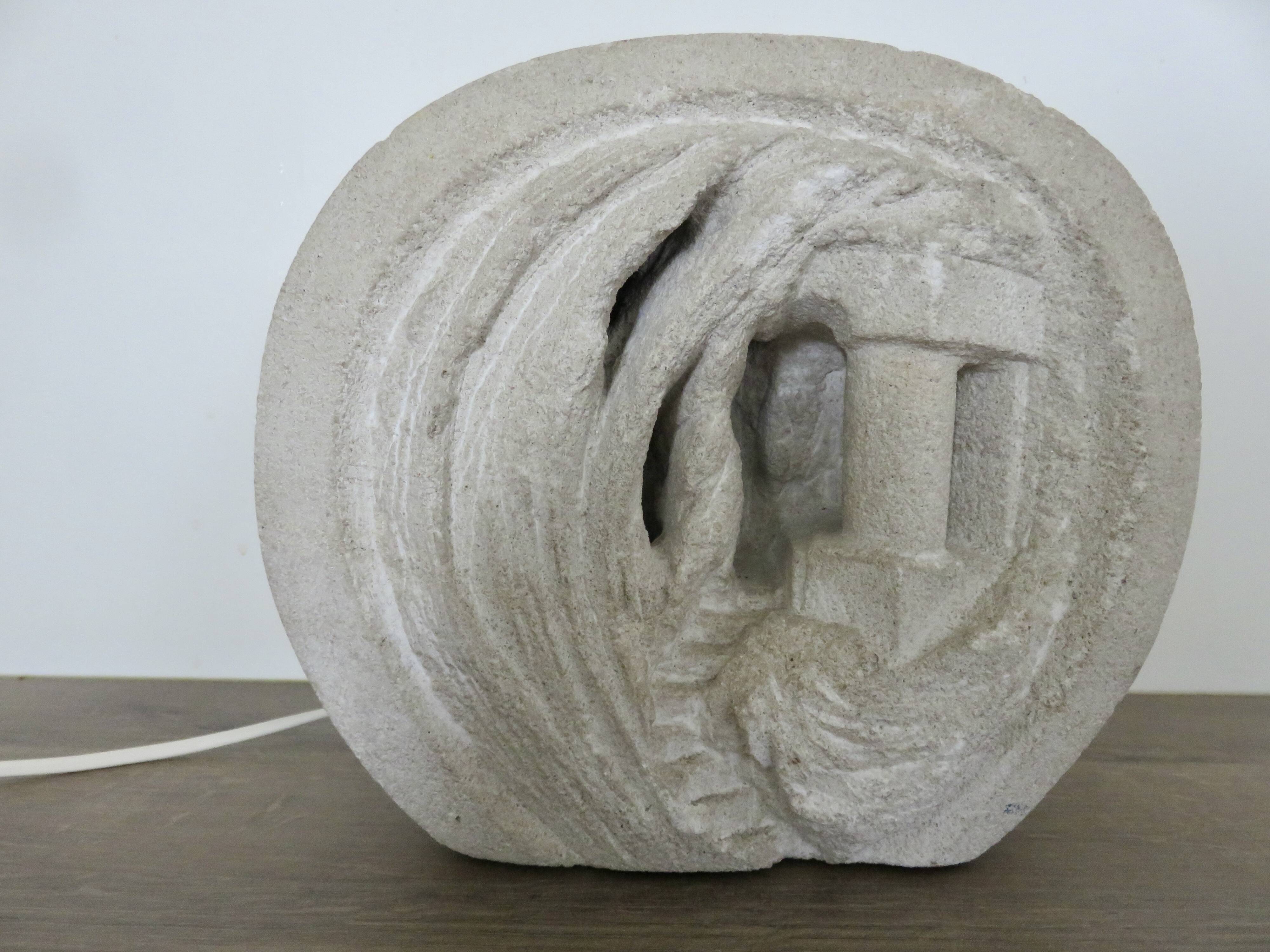 Stone lamp sculpture by Arsène Galisson, signed 1980.