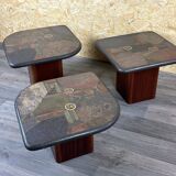 90s set of 3 brutal coffee tables with mosaic by Paul Kingma for Kneip