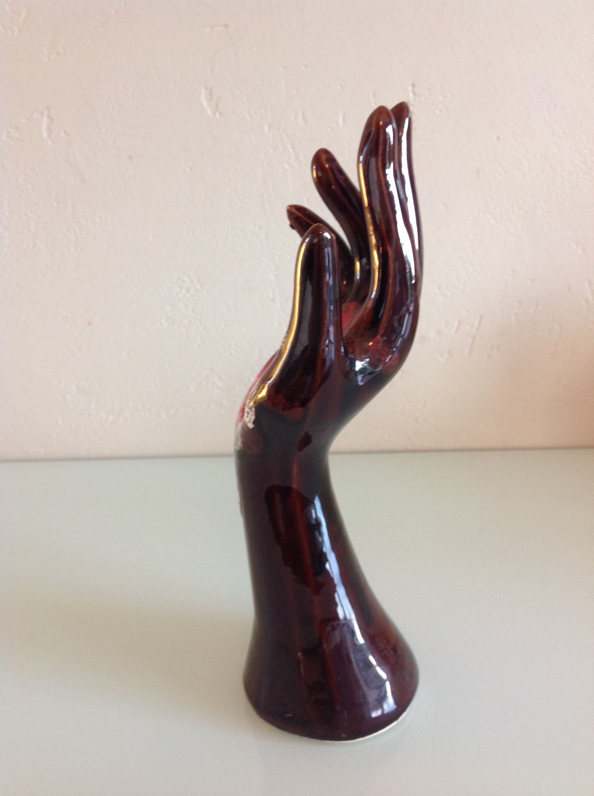 Hand baguier soliflore in brown ceramic, vintage 60/70s