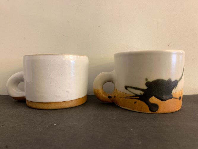 2 tasses, 1 mug et 2 verseuses en céramique vernissée, Poterie de la Colombe, 1970