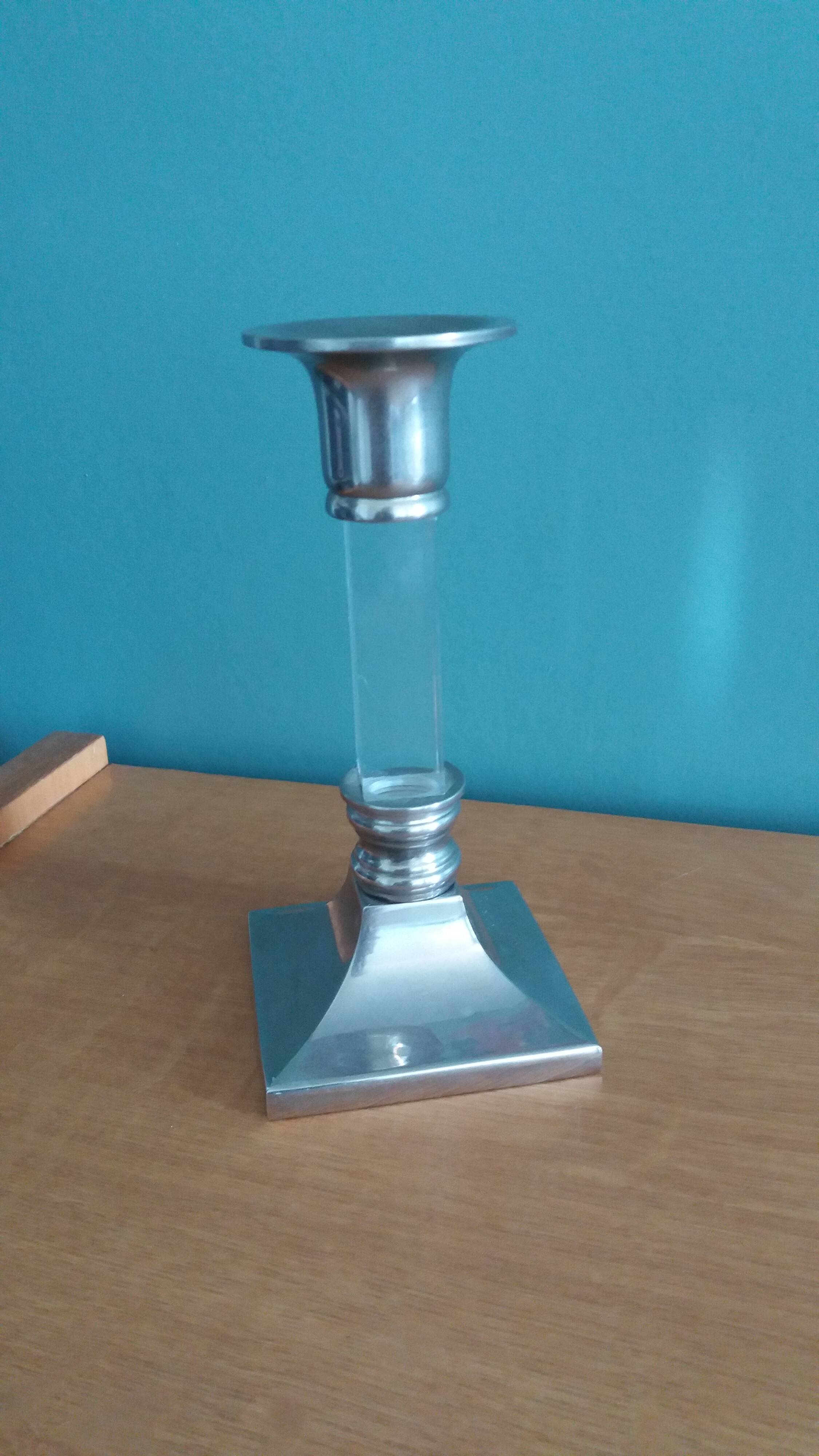Silver-plated metal candlestick and lucite plexiglass