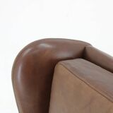 1970 Svend Skipper High Back Armchair and Stool in Brown Leather, Denmark