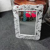 Miroir ancien en bois sculpté peint patiné et ciré 60x80cm