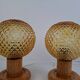 Pair of Mid-Century Table Lamps with Amber Glass and Wooden Base