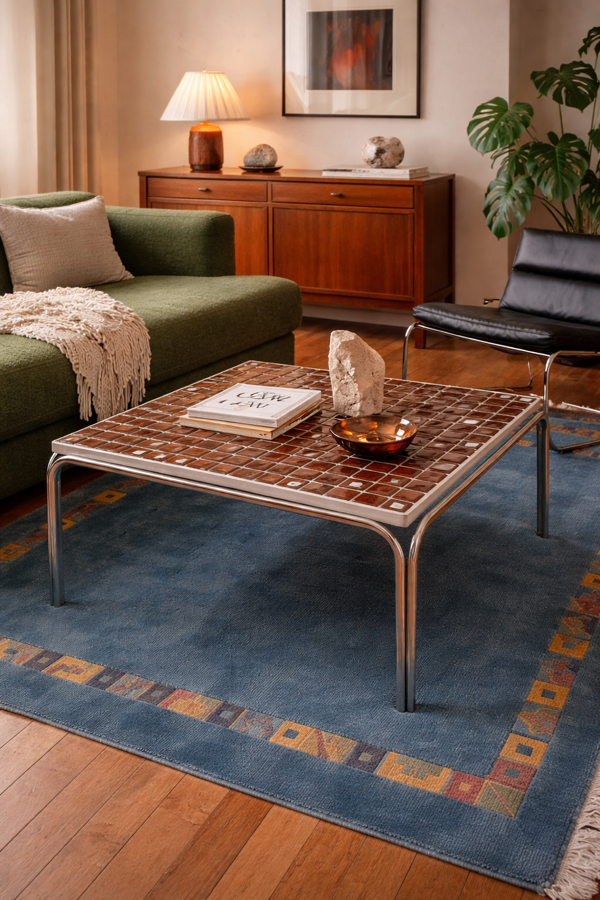 Table basse vintage carré pieds chromés petits carreaux carrelage