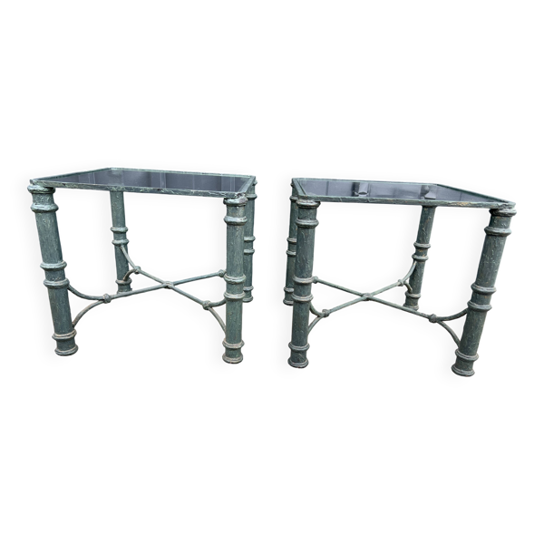 Paire de bouts de canapé métal et verre, tables basses