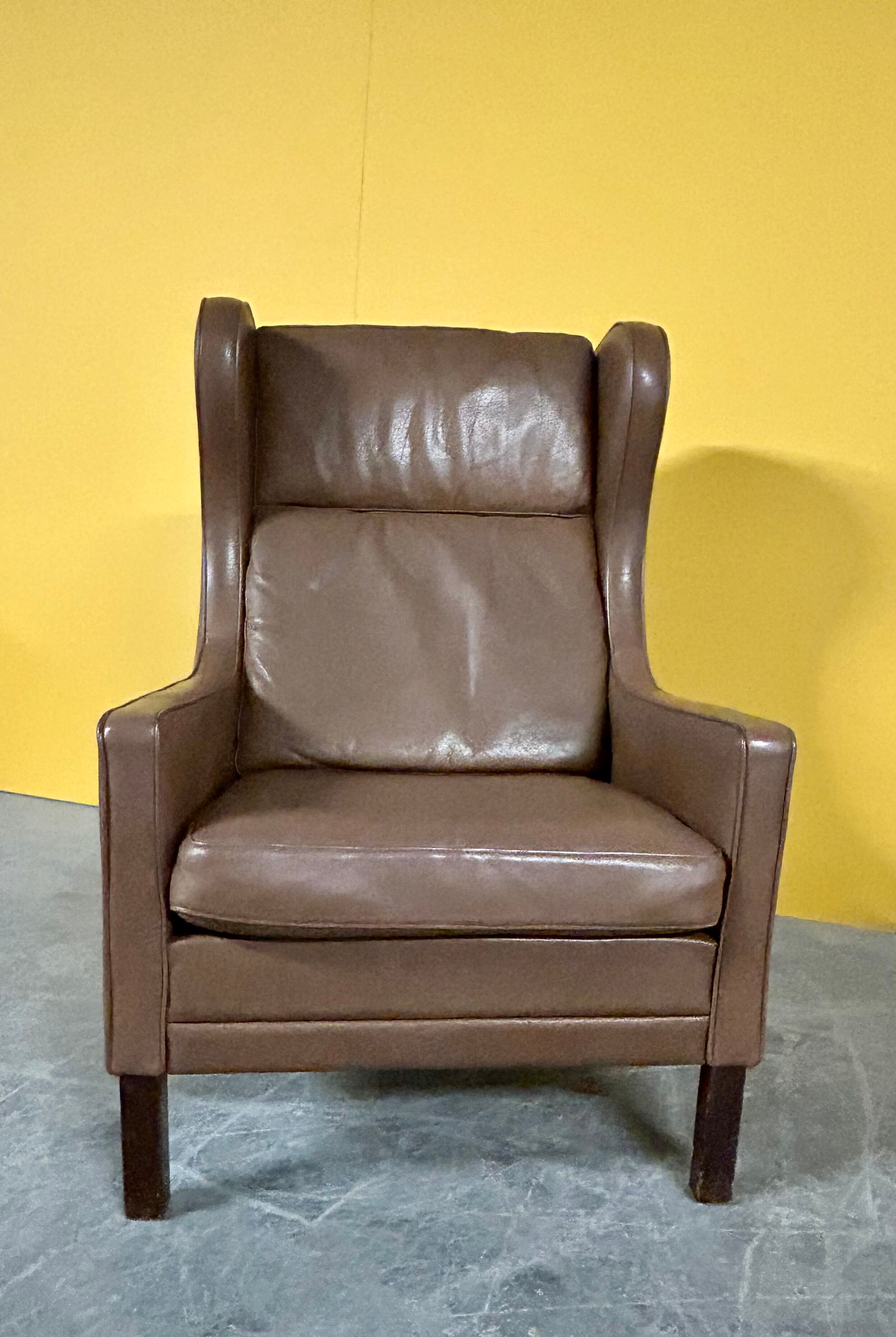 Danish vintage brown leather  high back armchair 1960s
