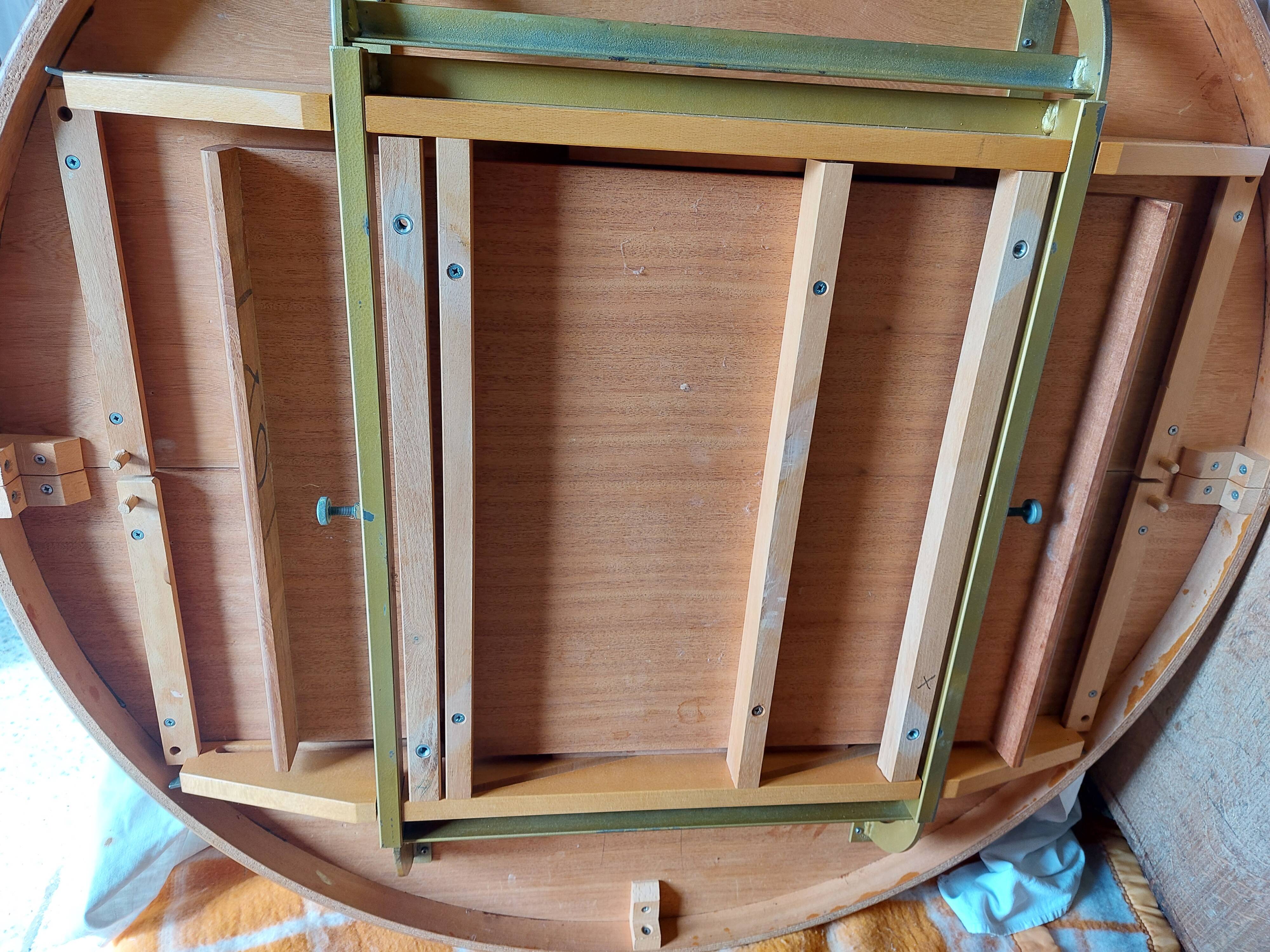 round or oval table with extension, central leg, vintage Baumann design