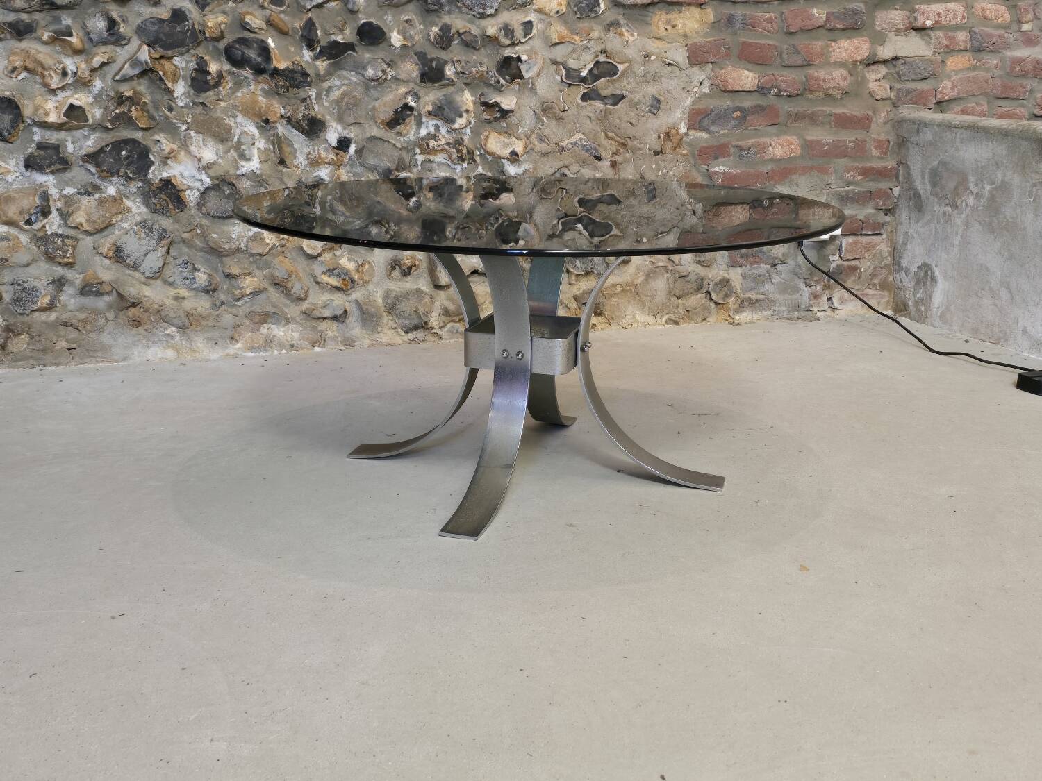 Vintage metal and smoked glass coffee table, 1970
