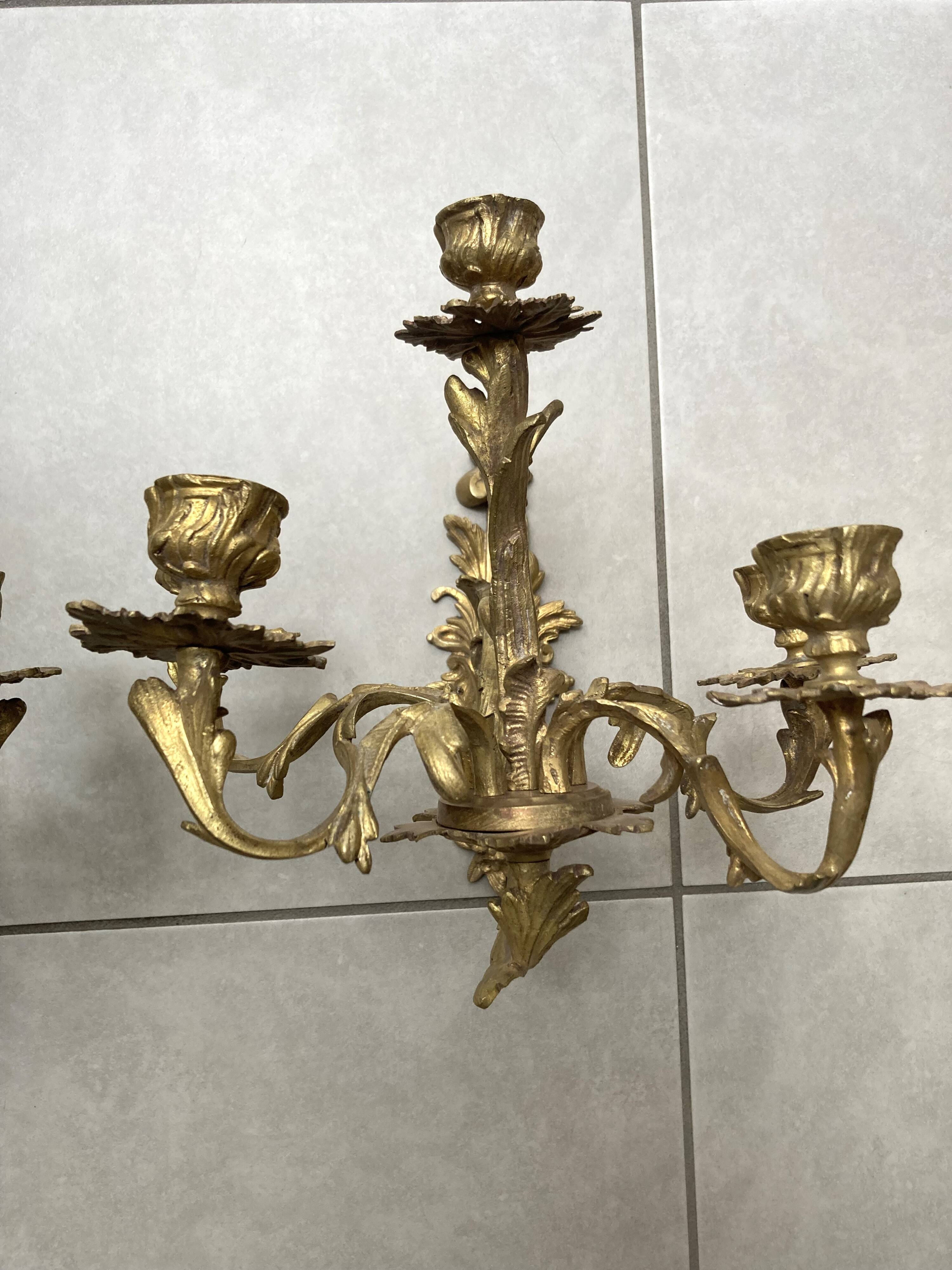 Pair of 5-light gold wall candlesticks