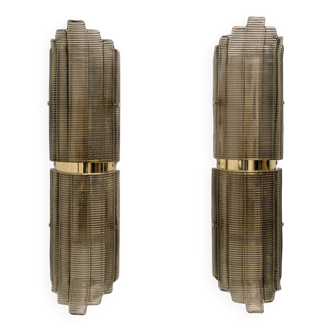 Pair of Large Art Deco Style Murano Glass Textured Wall Sconces
