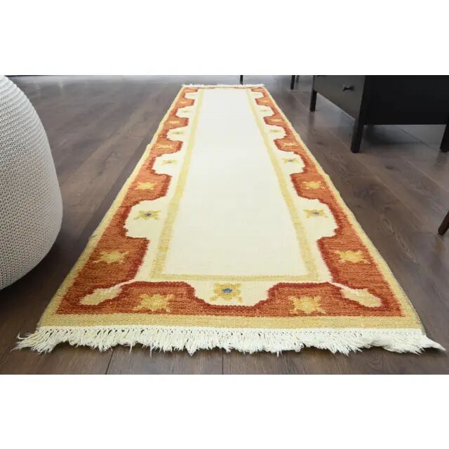 1970s Vintage Turkish Oushak Handmade Wool Cotton Beige Runner Rug 73x289