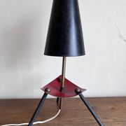 1950s modernist tripod lamp made of sheet metal and brass.