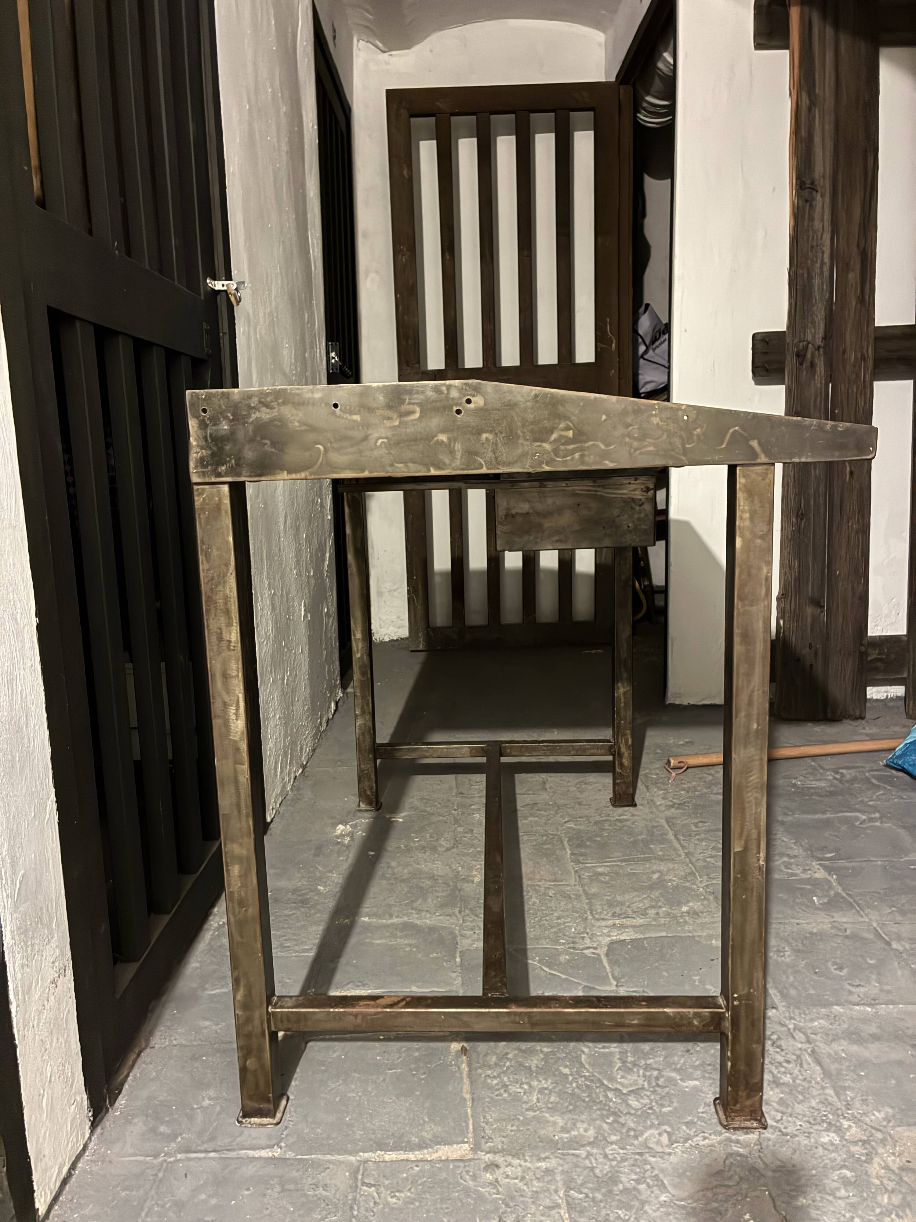 Vintage industrial workshop desk in patinated metal - brass drawer
