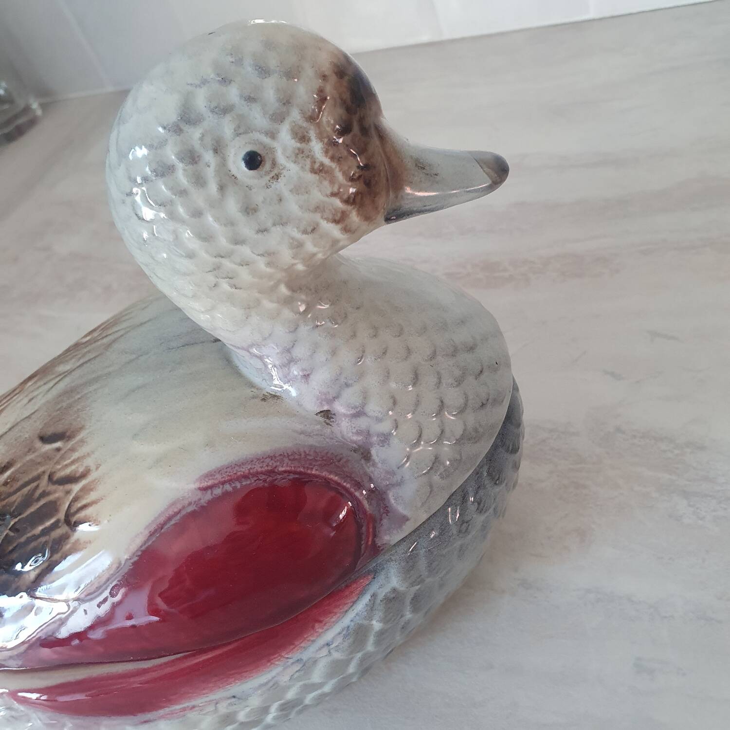 Duck-shaped slipware in the style of Michel Caugant.