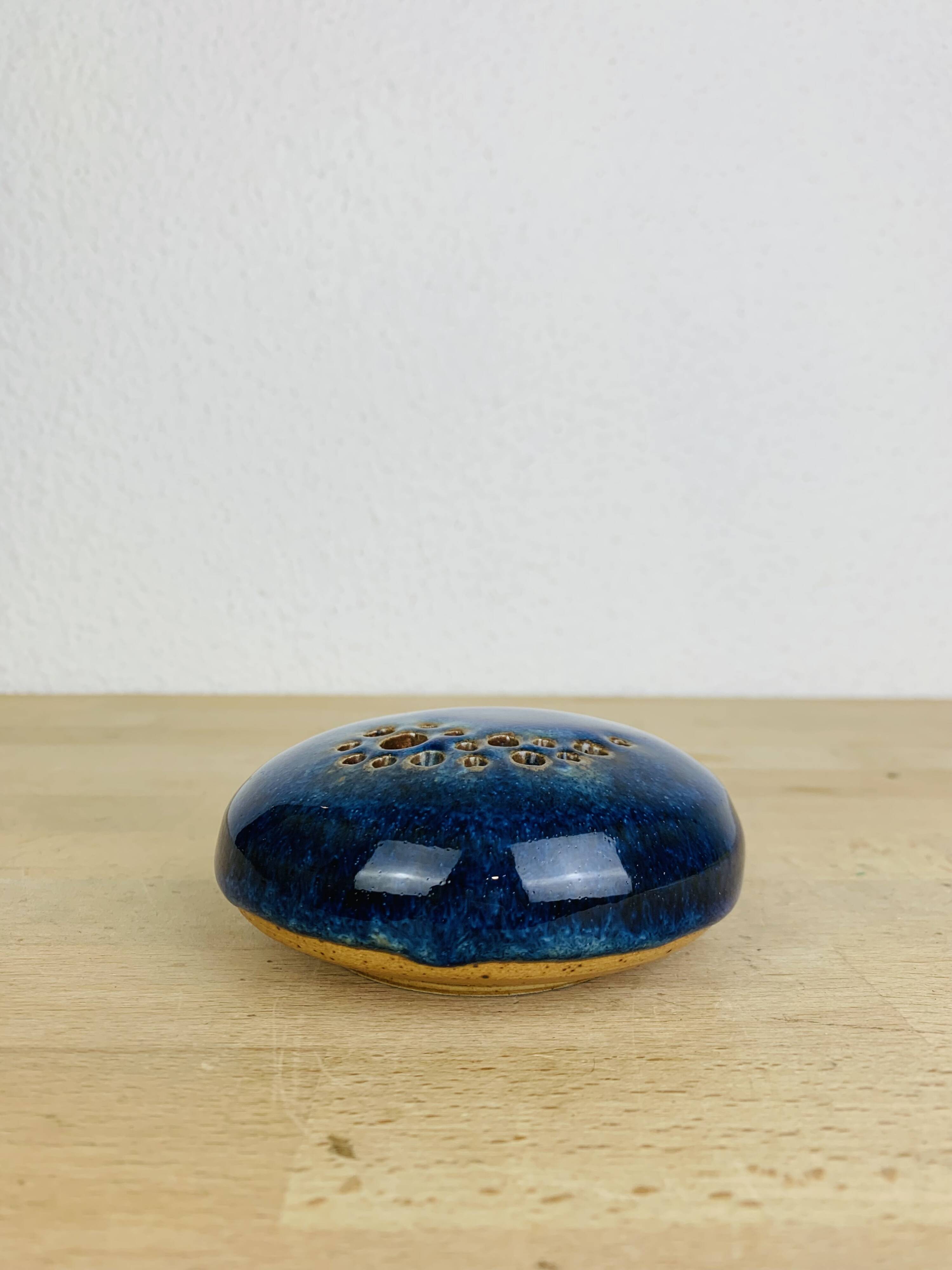 Blue ceramic flower spike ball vase, 7 soleils workshop