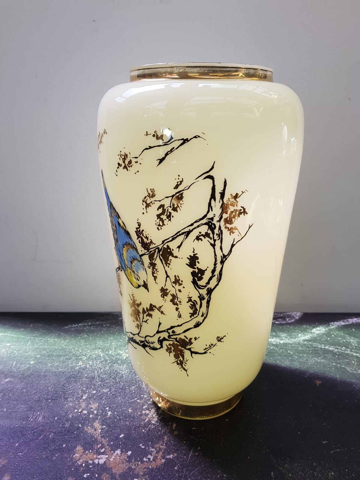 Old creamy white opaline vase with birds decor & vintage gilding
