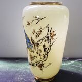 Old creamy white opaline vase with birds decor & vintage gilding