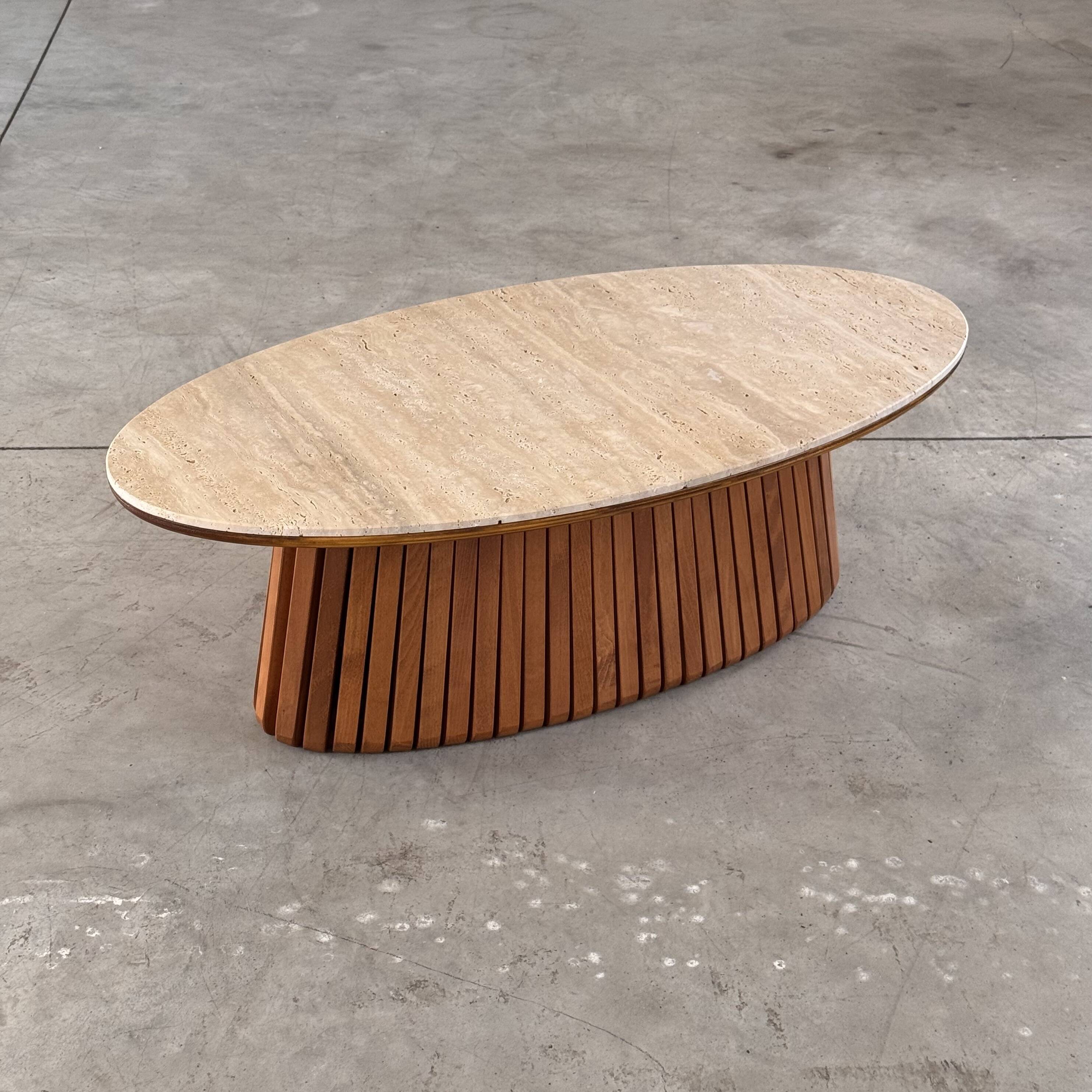 Oval travertine coffee table with ashwood slatted base – italy by forme