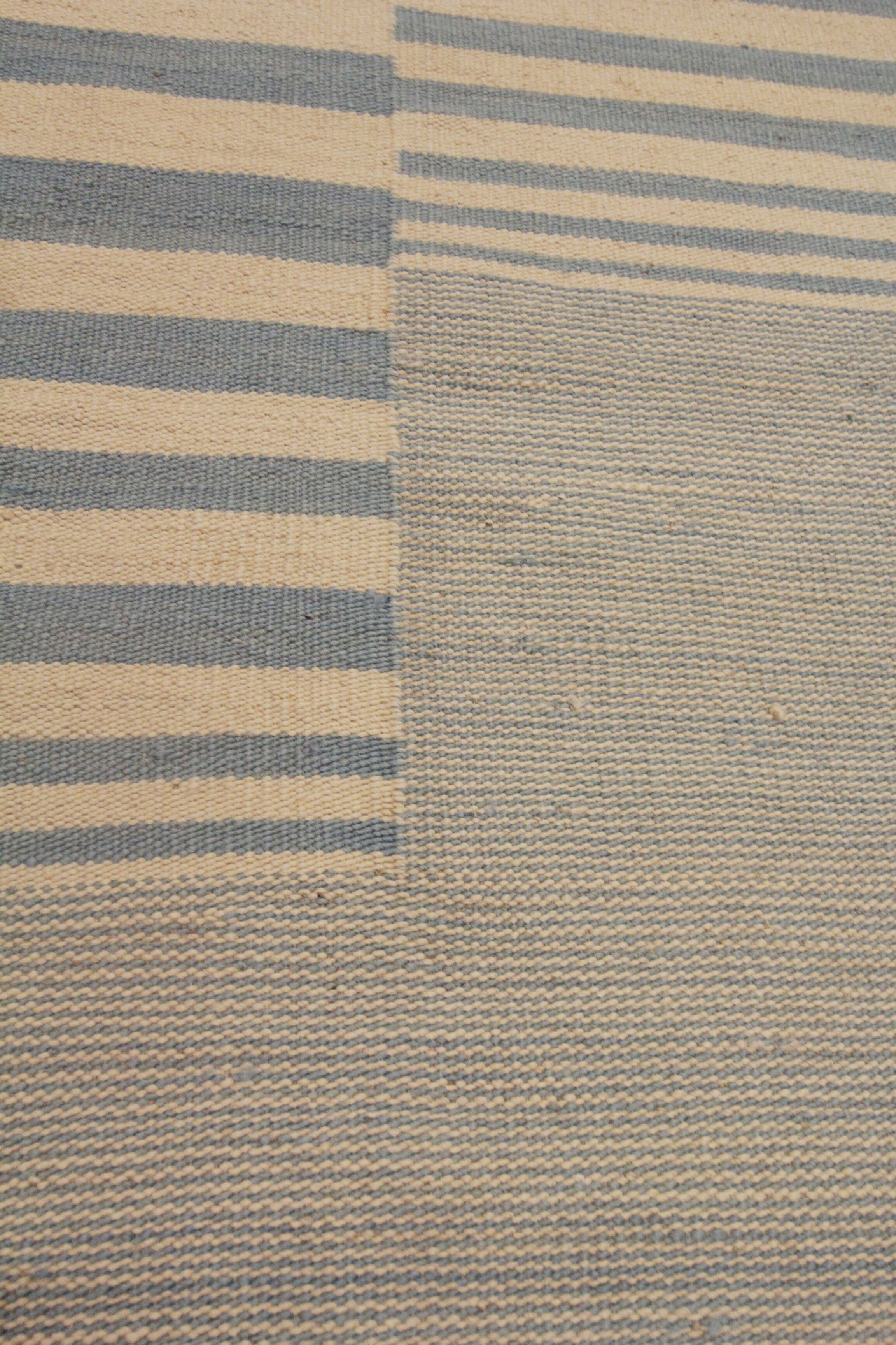 Blue cream wool kilim handwoven modern kilim flat-weave area rug-205x283cm