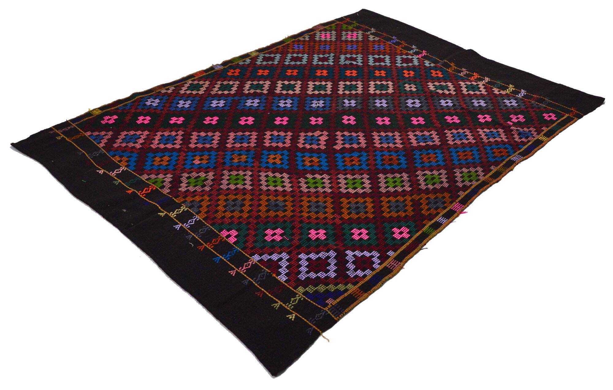 Large vintage Turkish kilim, graphic blue and pink, 282 x 203 cm.