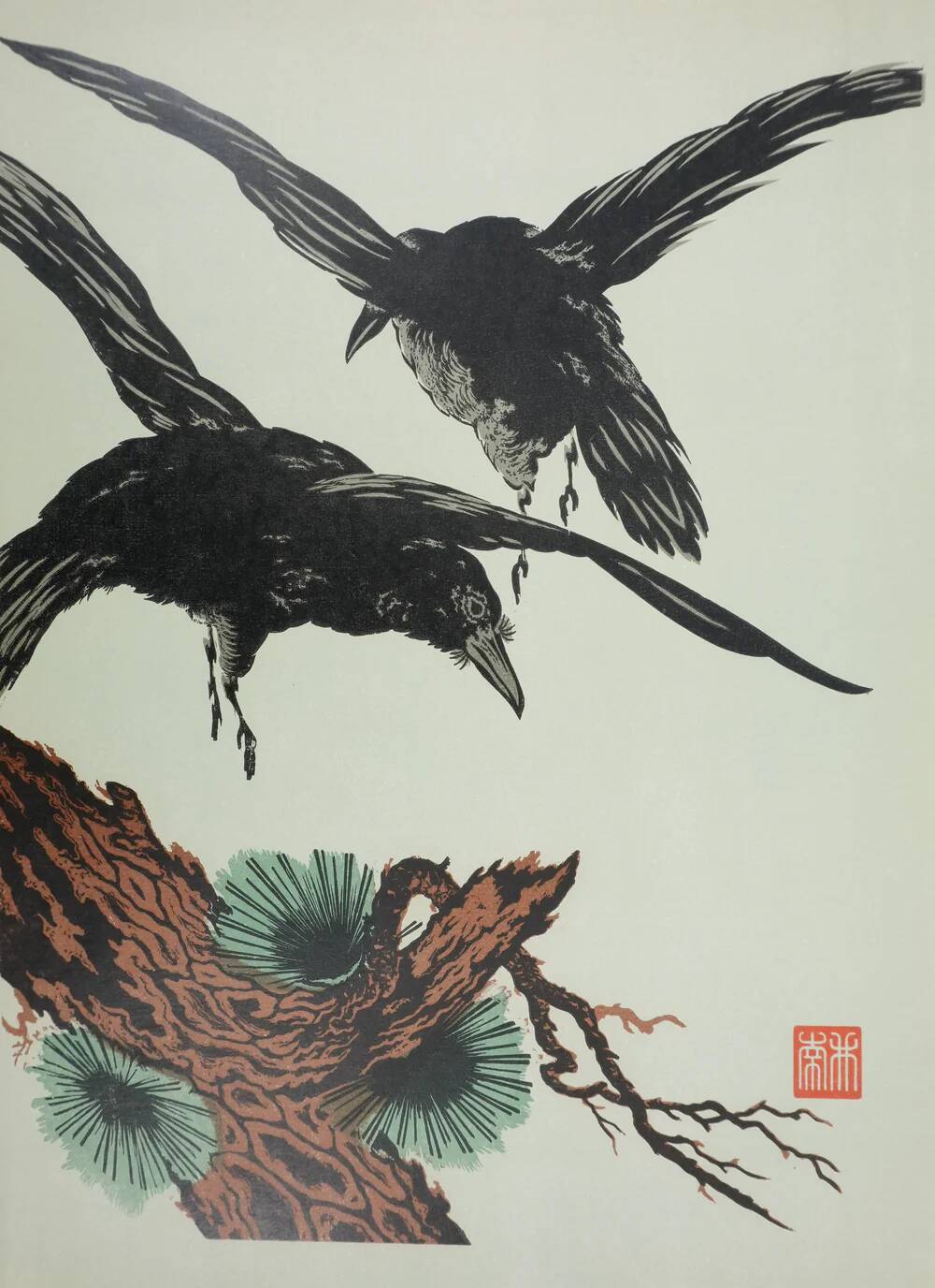 Mokuchu Urushibara: Japanese print, The Flight of the Crows (green), signed woodblock print.