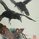 Mokuchu Urushibara: Japanese print, The Flight of the Crows (green), signed woodblock print.