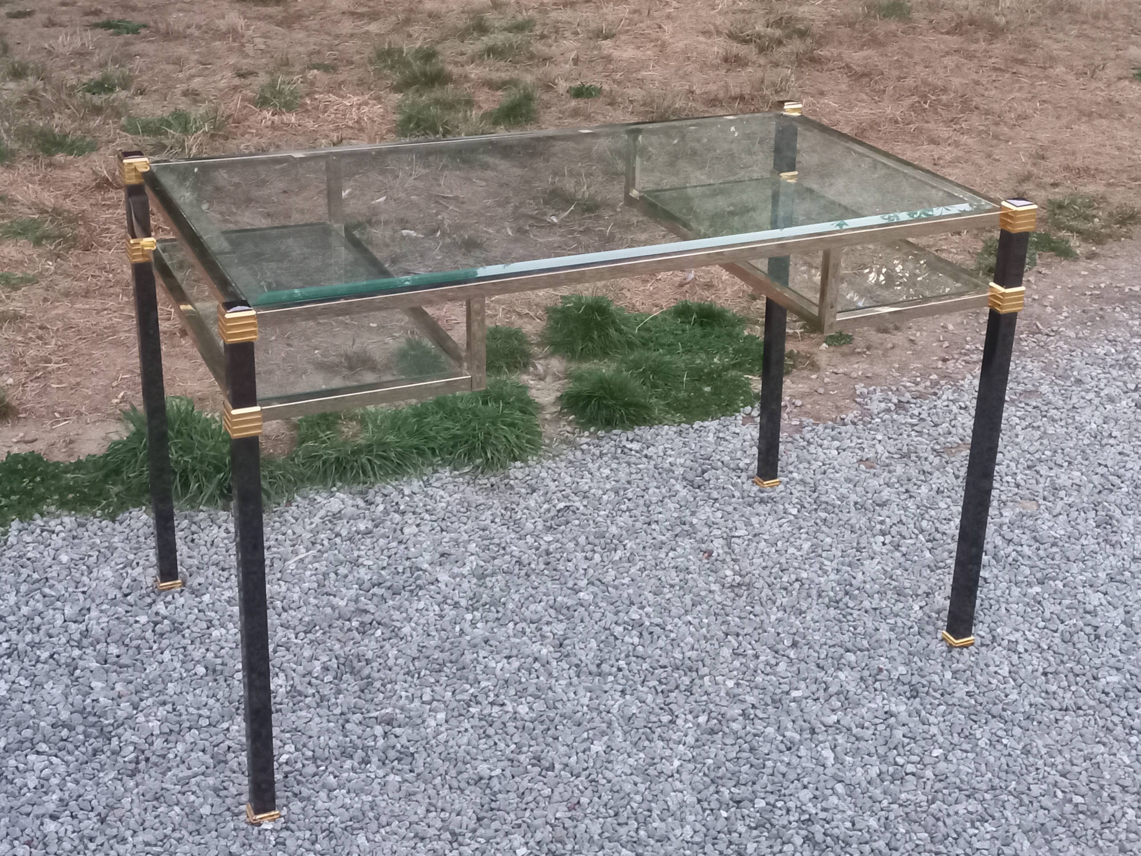 Golden and iridescent metal desk with a glass top from the 70s/80s.