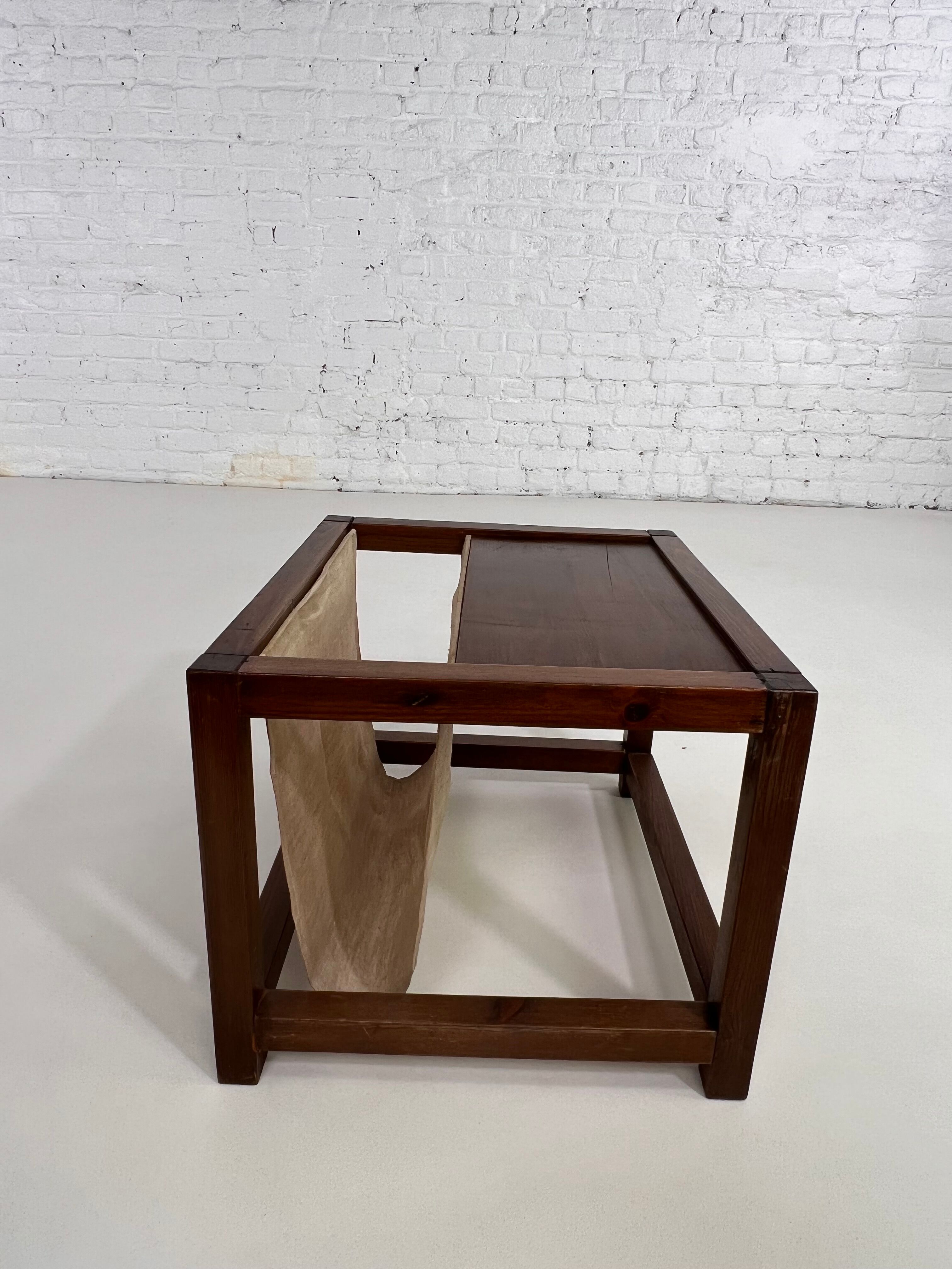 Vintage wooden sofa end with built-in fabric magazine holder