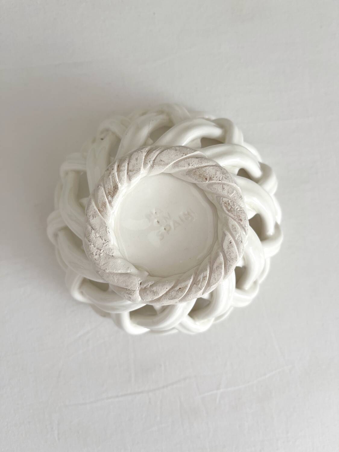 Small vintage white woven ceramic basket