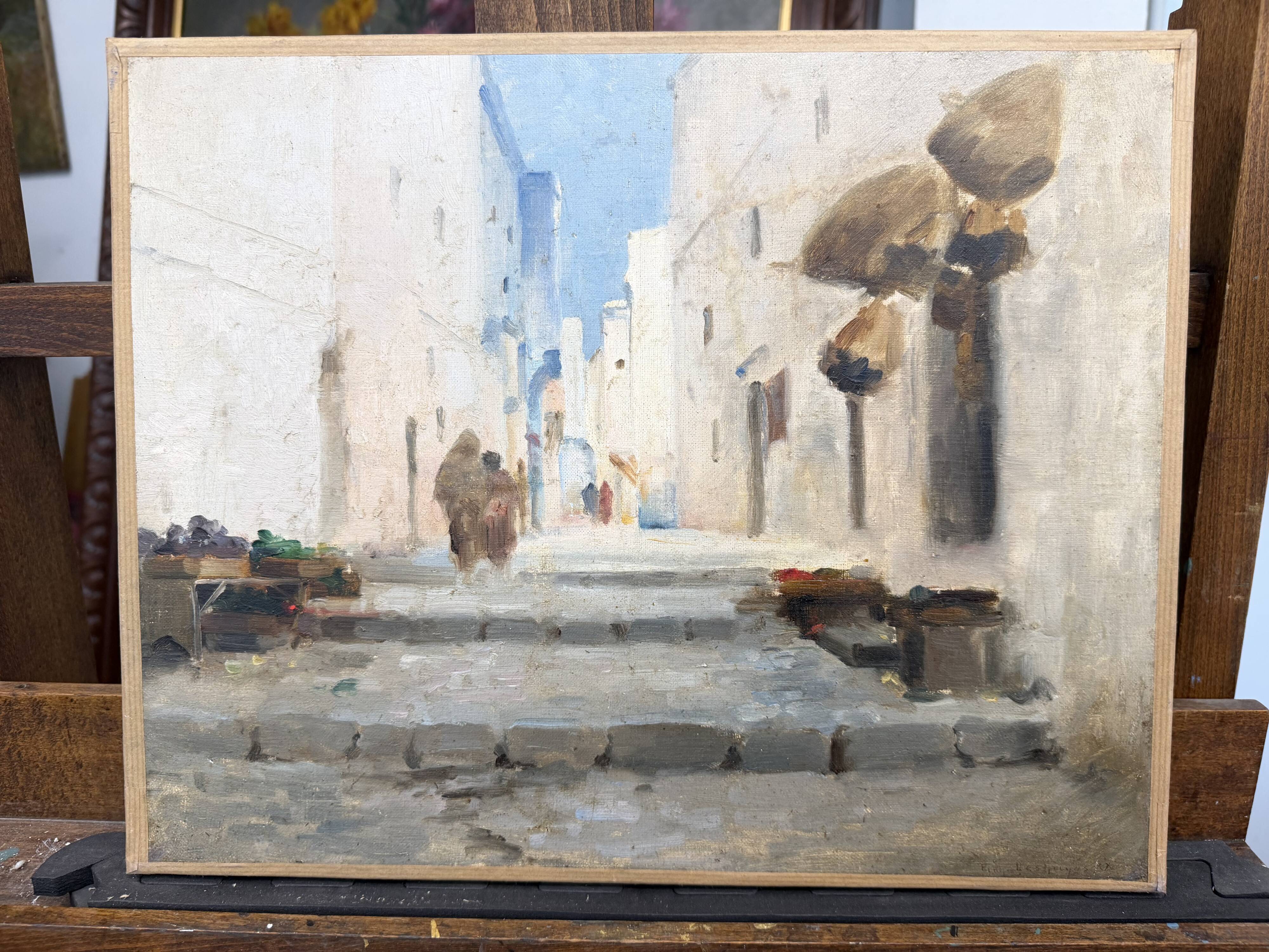 Vintage Orientalist painting – alley in the Maghreb – oil on canvas signed E