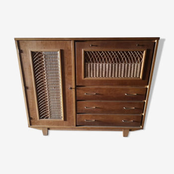 Cabinet cabinet forming secretary - light oak and rattan 1970's