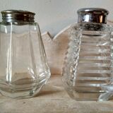 Set of 2 old table sprinklers in molded glass and metal