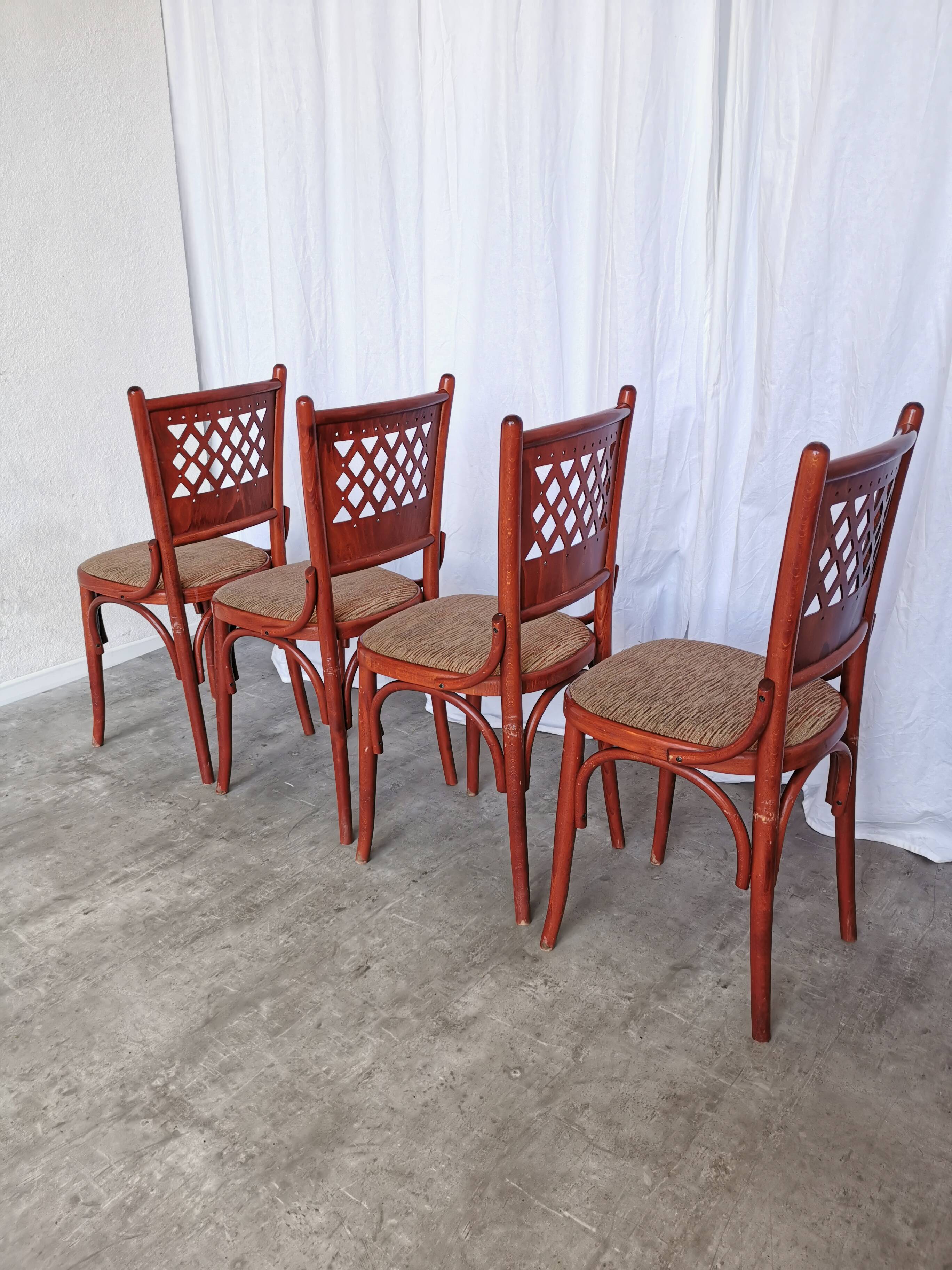 Vintage Italian Bistro Chairs - 1980s Reddish Wood, Brown Fabric - Set of 4