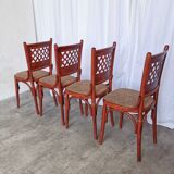 Vintage Italian Bistro Chairs - 1980s Reddish Wood, Brown Fabric - Set of 4